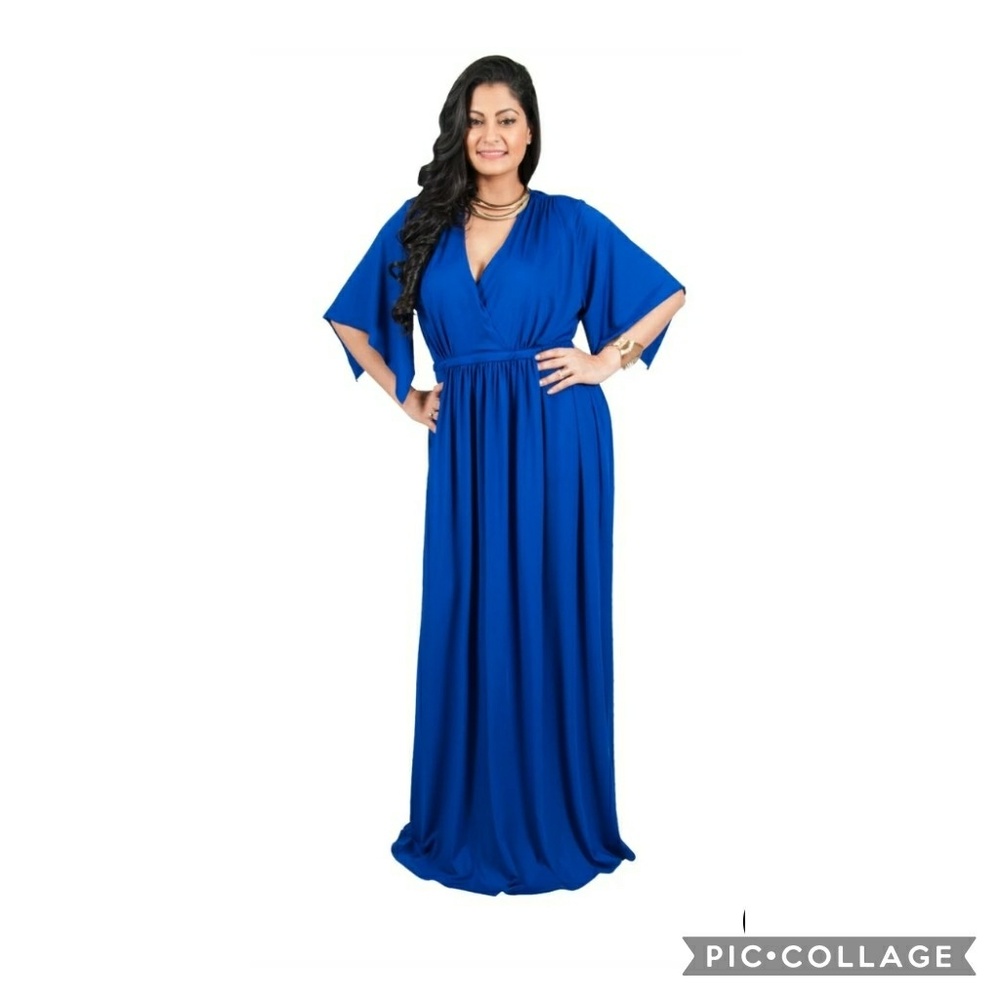 solid blue, v-neck, kimono sleeve maxi dress